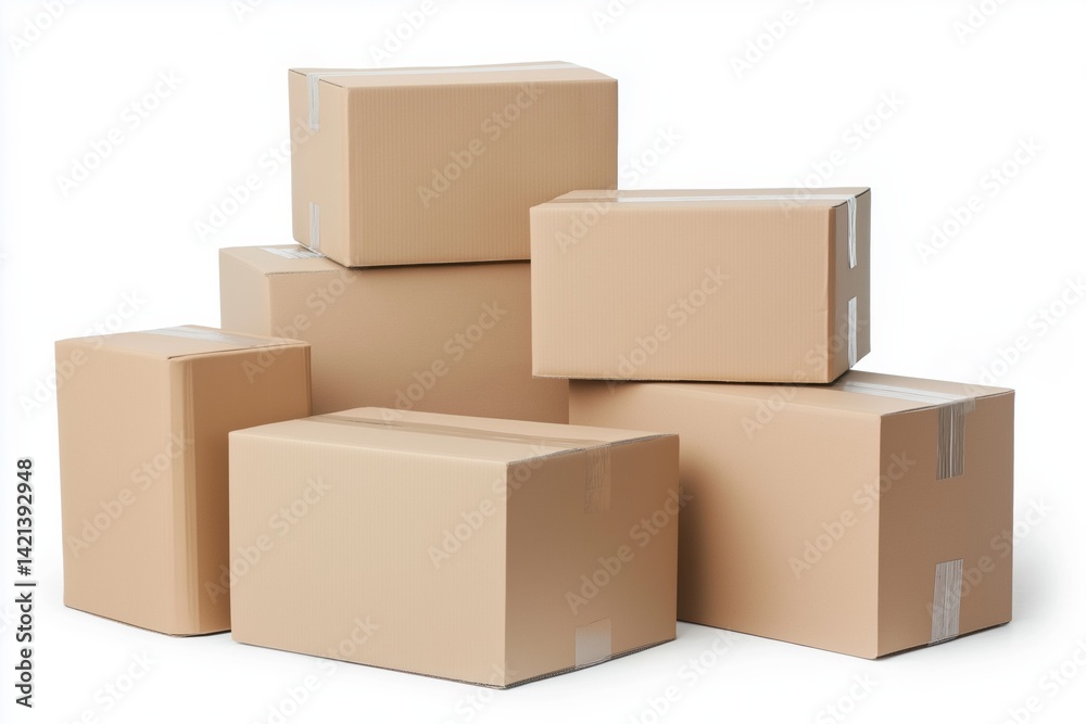 A stack of cardboard boxes with tape on the top. The boxes are brown and are piled on top of each other A stack of cardboard boxes with tape on the top. The boxes are brown and are piled on top of each other