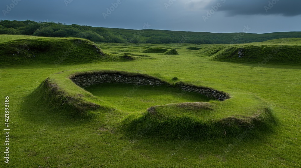 Obraz premium Green grassy landscape featuring ancient circular stone structures