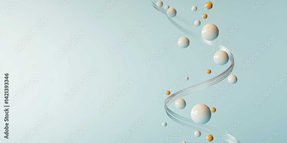 Fototapeta premium A blue background with a spiral of white and orange spheres. The spheres are scattered throughout the image, with some closer to the center and others further away. Scene is one of movement and energy