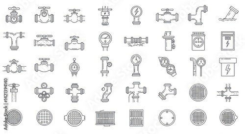 Line Art Icons of Utility Infrastructure: Water, Electrical, Gas, Sewer, and Drainage