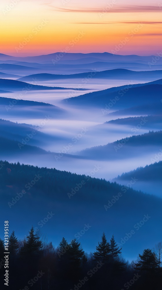 Misty Mountains at Sunrise A Breathtaking View of Serene Landscape Misty Mountains at Sunrise A Breathtaking View of Serene Landscape