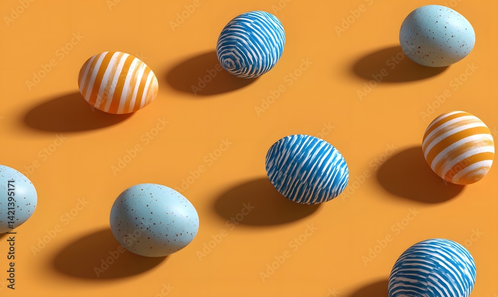patterned easter eggs on an orange background, tones are orange and blue, Generative AI patterned easter eggs on an orange background, tones are orange and blue, Generative AI