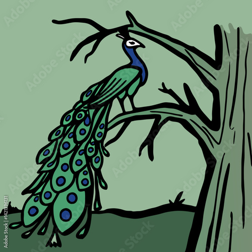 Beautiful full-body image of a peacock perched gracefully on a dead tree branch