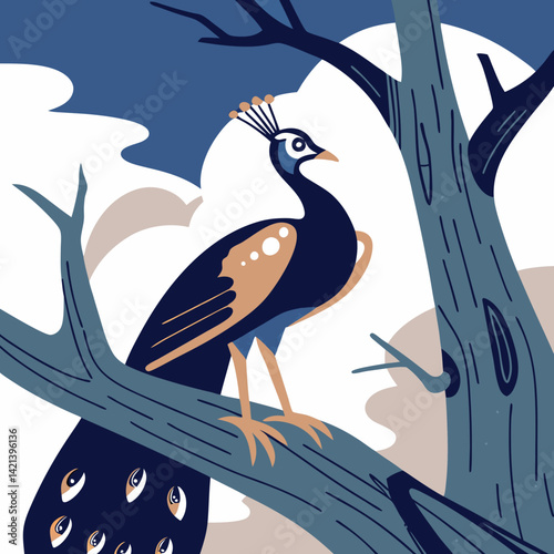 Beautiful full-body image of a peacock perched gracefully on a dead tree branch