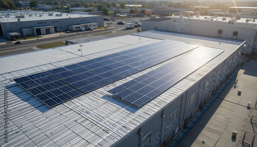 Flat solar panels array on industrial building roof, sun, photovoltaic cells