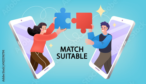 A couple finds a perfect match on a dating app. A man and woman connect puzzle pieces, symbolizing compatibility and a successful online relationship. For finding love online.