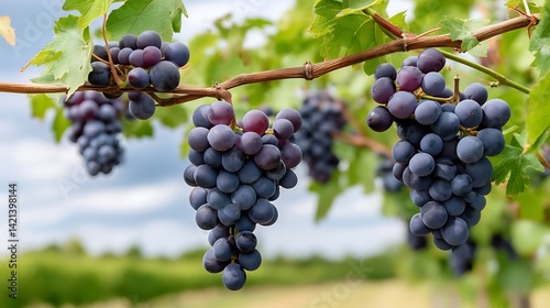 Wallpaper Mural Fresh ripe purple grapes on a vine in a lush vineyard under a cloudy sky during the growing season Torontodigital.ca