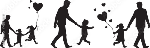 silhouettes, family evolution, parental figures, children growing up, balloons, hearts, life stages, black and white, minimalist design, emotional journey, time passing, family bonds