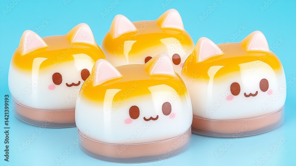 Adorable Cat Shaped Desserts Yellow and White Layered Treats on Blue Background Adorable Cat Shaped Desserts Yellow and White Layered Treats on Blue Background