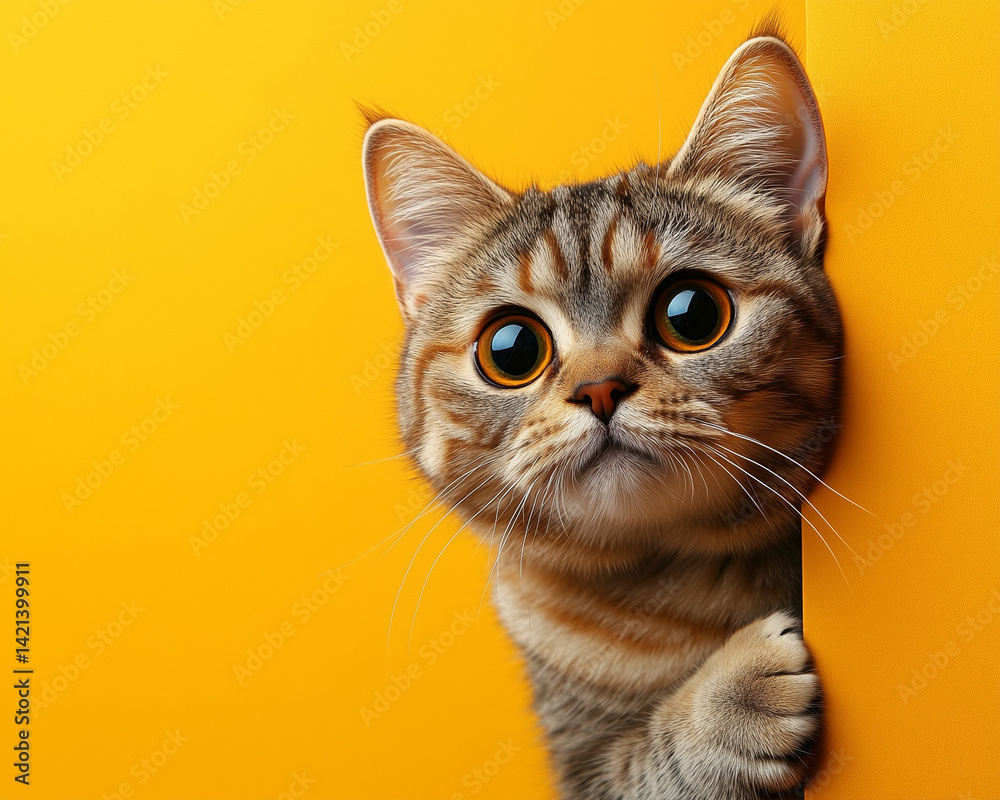 Obraz premium Close-up of a surprised British Shorthair cat, fur puffed, ears perked, big round eyes, orange background with empty space to the left. 