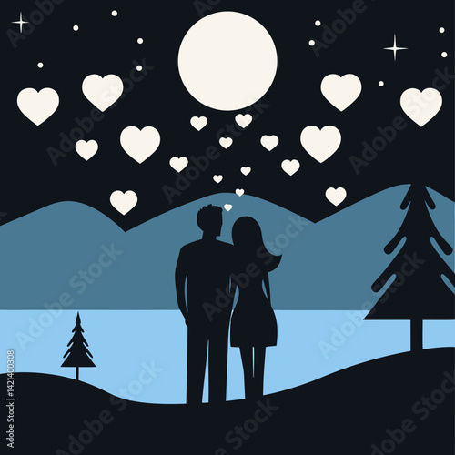 Romantic couple silhouette under moonlight with sparkling hearts and dreamy night vibe.