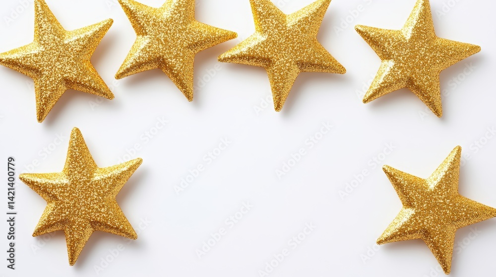 Golden glitter stars on white background for celebration festive design top view arrangement of sparkling stars Golden glitter stars on white background for celebration festive design top view arrangement of sparkling stars