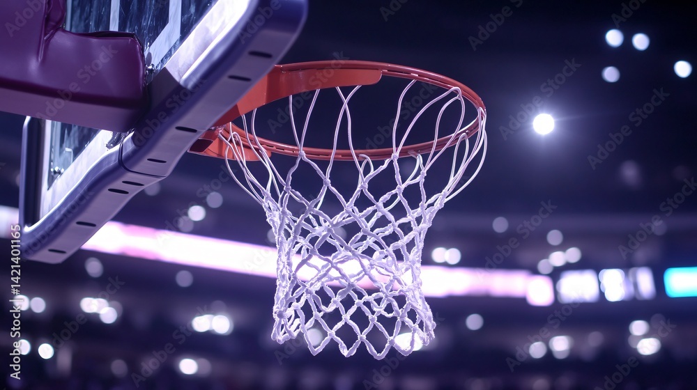 Dynamic basketball shot above hoop sharp focus on backboard blurred crowd in arena created with Generative AI technology Dynamic basketball shot above hoop sharp focus on backboard blurred crowd in arena created with Generative AI technology