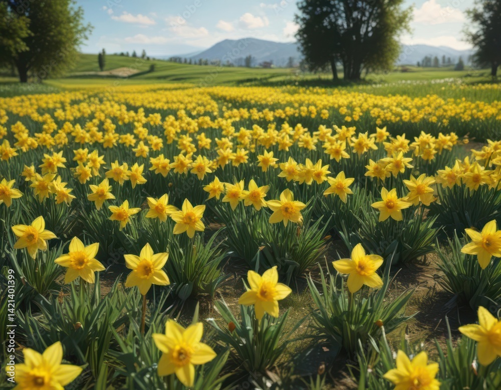 Lush green field bursting with bright yellow daffodils, sunny spring day, growth, sunlight Lush green field bursting with bright yellow daffodils, sunny spring day, growth, sunlight