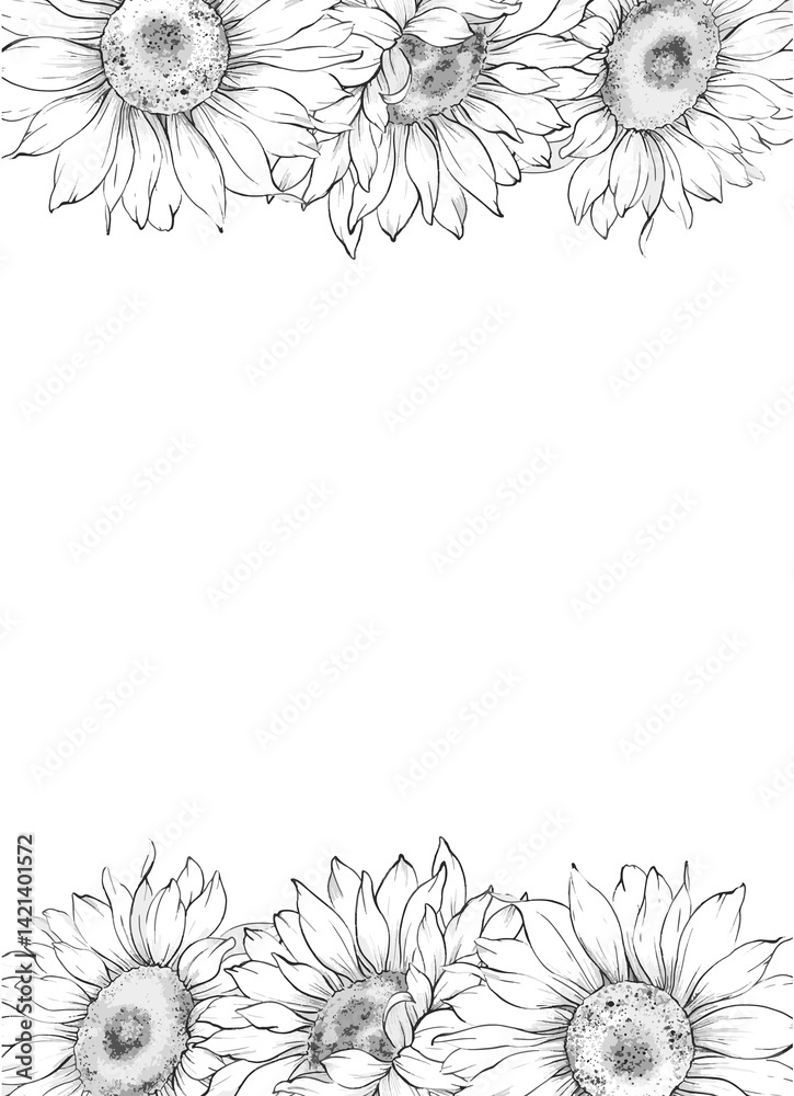 Obraz premium Sunflowers Line Drawing. Outline Sunflowers illustration. Hand Drawn Sunflowers background. Botanical Monochrome Floral Art. Sunflower Wedding