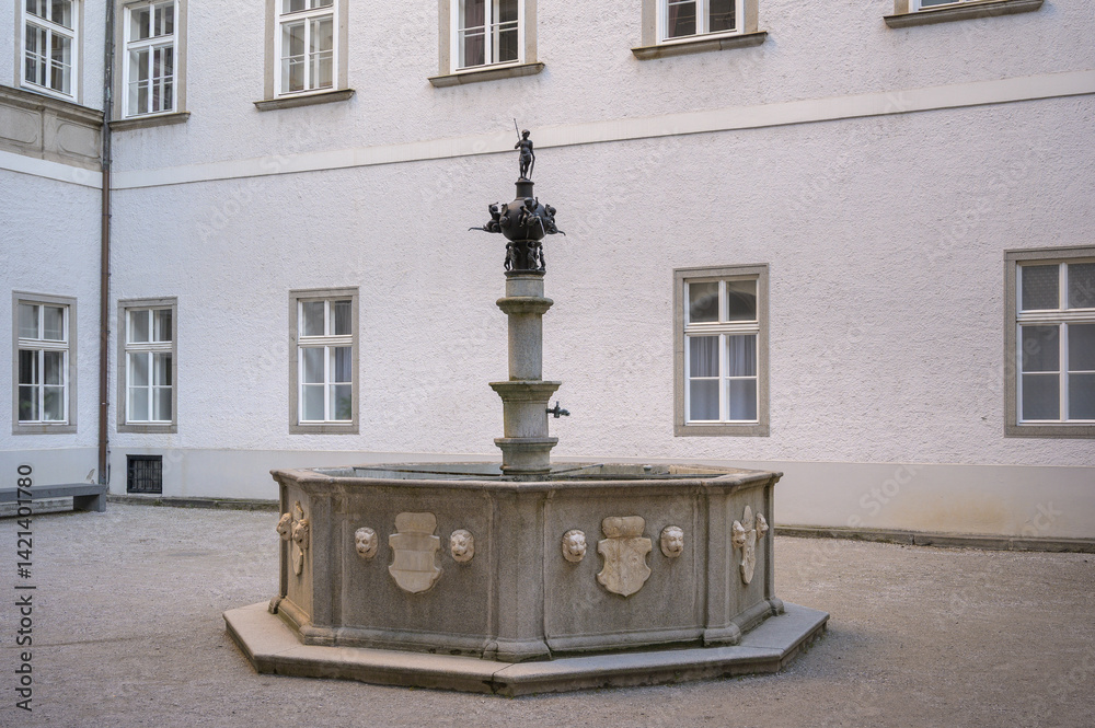 Beautiful courtyard fountain in the so called Landhaus, Linz, Austria showcasing historic architecture and serene ambiance