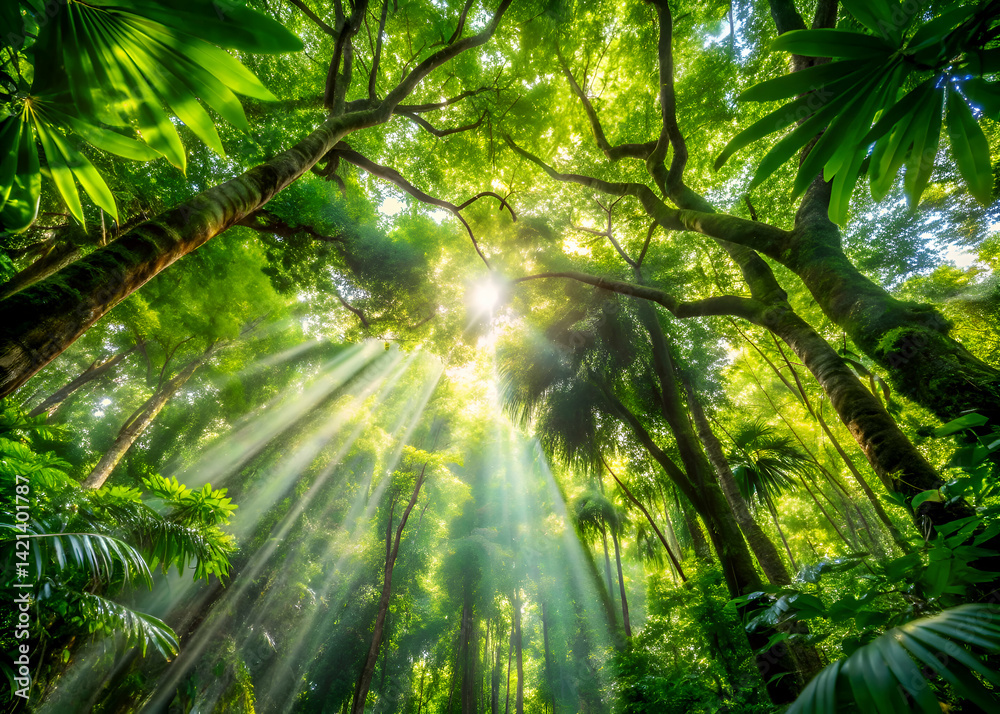 Sunlight streams through lush green forest canopy. Sunlight streams through lush green forest canopy.
