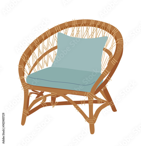 Flat hand drawn vector illustration of rattan wicker armchair with teal cushions isolated on transparent background. Outdoor patio, garden furniture element for backyard, porch, terrace design project