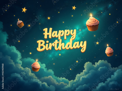 Magical 'Happy Birthday' Greeting with Cupcakes and Stars in a Night Sky