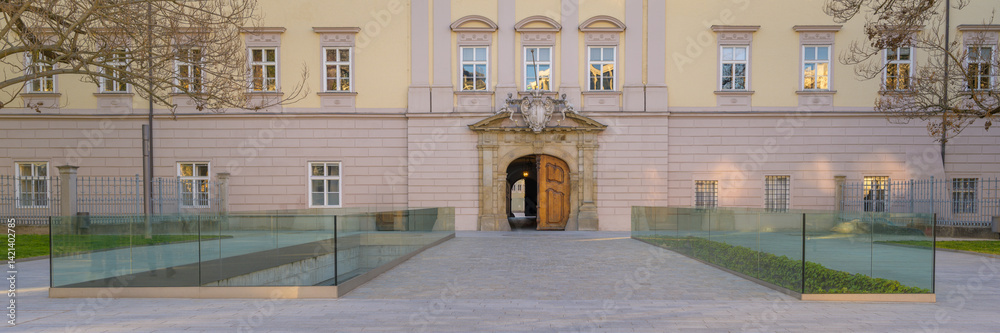 The so called Landhaus in Linz, Austria showcases classic architecture and modern design elements during daylight