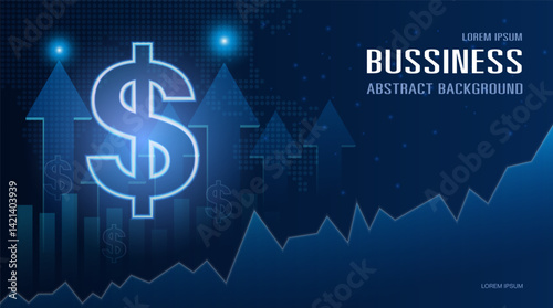 Abstract business background with a glowing dollar symbol and rising graphs. Technology futuristic design and upward financial trends concept.