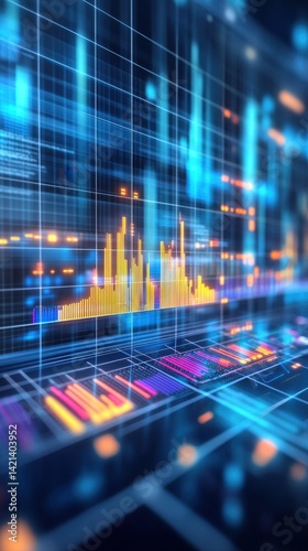 High tech digital financial data analysis visualization with glowing graphs and futuristic interface for stock market trading and data analytics