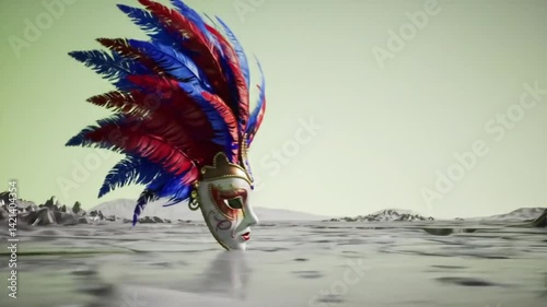 a solitary mask spinning in a world of grey, illuminated by flickering light