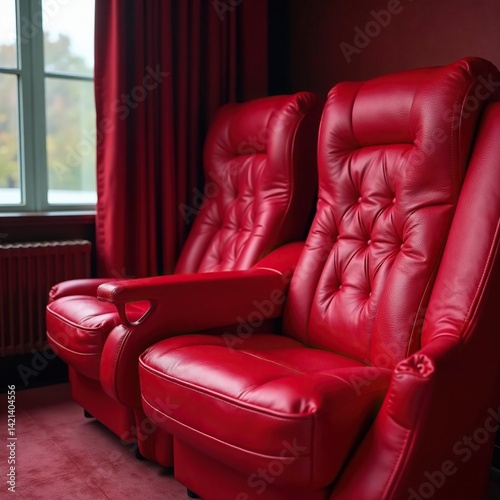 Luxurious red leather upholstery, finely stitched tufting, red, elegant, material