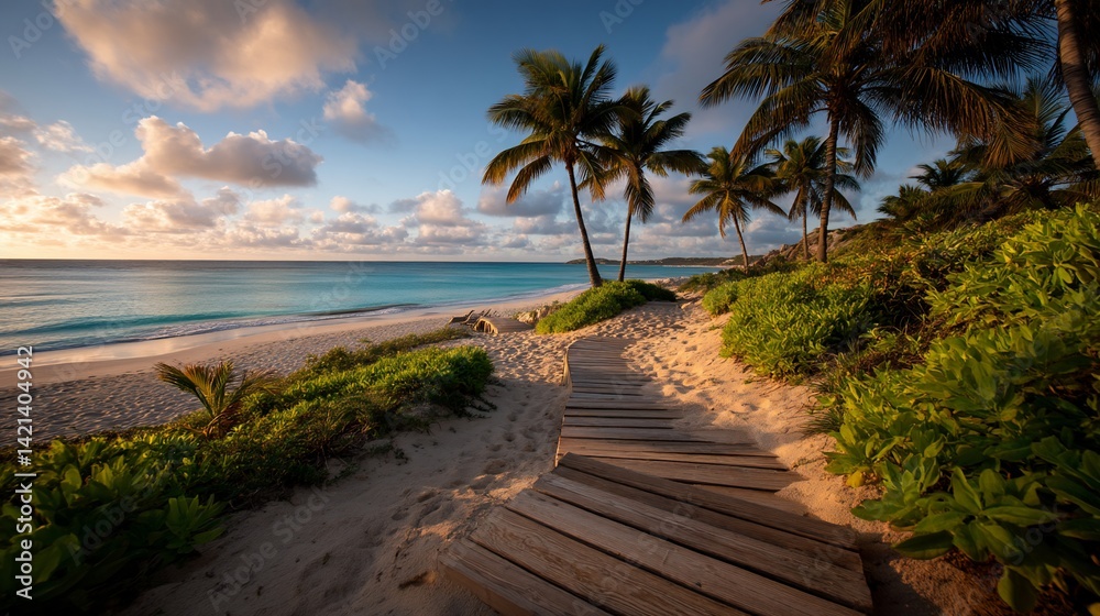 Obraz premium Tropical beach walkway at sunset