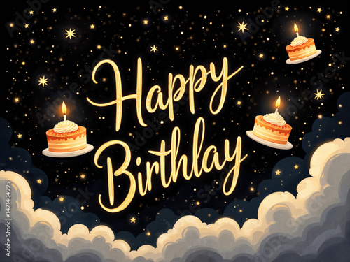 Starry Night 'Happy Birthday' Greeting with Floating Cakes and Glowing Candles