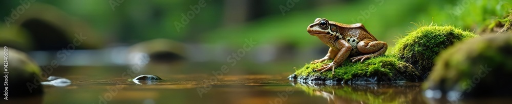 Obraz premium Toad perfectly blends with mossy stream rock, near water, photography, background
