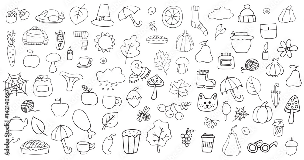 Collection of autumn items isolated on white background. Autumn clothes, leaves, clouds, pie, pumpkin, umbrella, cup, rowan. Coloring. Vector illustration. Collection of autumn items isolated on white background. Autumn clothes, leaves, clouds, pie, pumpkin, umbrella, cup, rowan. Coloring. Vector illustration.