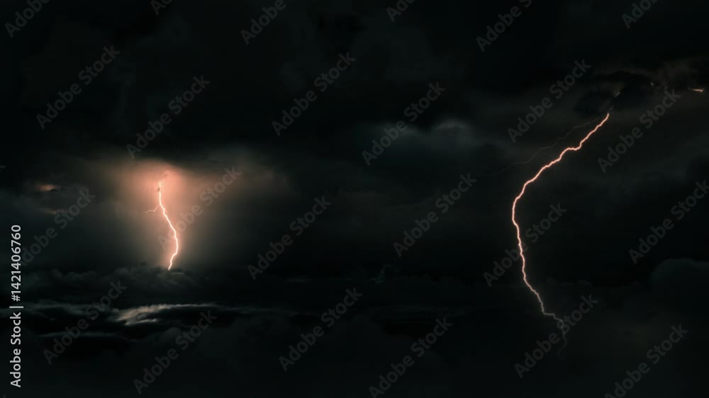 aerial wide shot of dark tropical monsoon cyclone supercell thunderstom strom clouds with lightning bolt strike