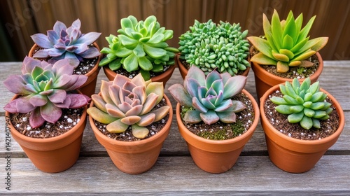 Wallpaper Mural Various potted succulents arranged closely together on a wooden table top. Torontodigital.ca