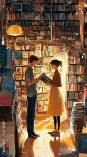 Two individuals standing in a bookstore, engrossed in reading books