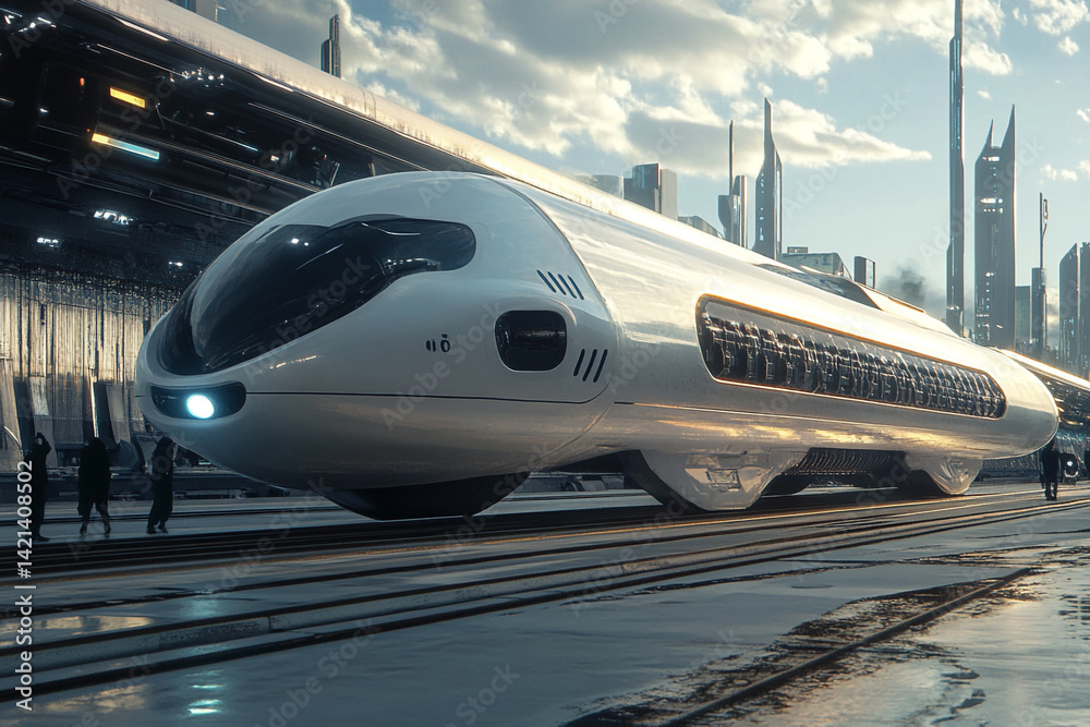 Futuristic high speed train at a modern station futuristic city skyline Futuristic high speed train at a modern station futuristic city skyline