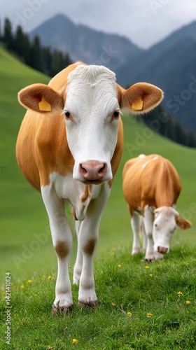 Wallpaper Mural Brown and White Cows Grazing on Lush Green Hills in Nature Torontodigital.ca
