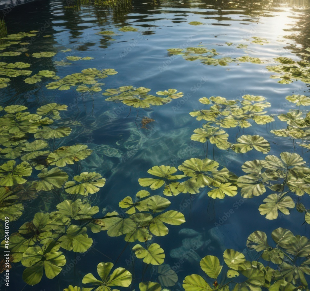 Sunlit pool's surface displays natural footprint patterns created by floating aquatic plants and their reflections , still, nature, surface tension Sunlit pool's surface displays natural footprint patterns created by floating aquatic plants and their reflections , still, nature, surface tension