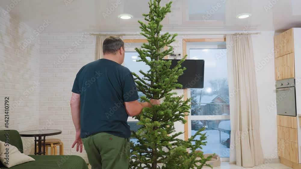 Man gently moving and positioning artificial Christmas tree close to window in living room, preparing for holiday season, with snowy outdoor view and cozy home interior Man gently moving and positioning artificial Christmas tree close to window in living room, preparing for holiday season, with snowy outdoor view and cozy home interior