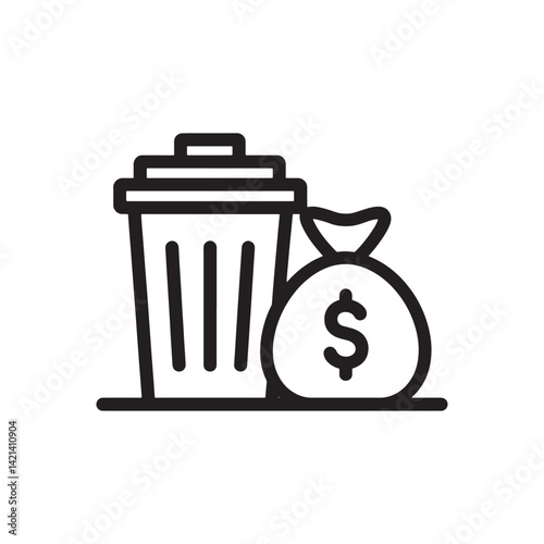 Black Trash Can and Money Bag Icon Representing Financial Waste, Budgeting Awareness, and Economic Management for Business, Editable Vector Illustration Isolated on a White Background