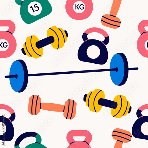 Seamless pattern of different dumbbells. Sport equipment. Healthy lifestyle concept.