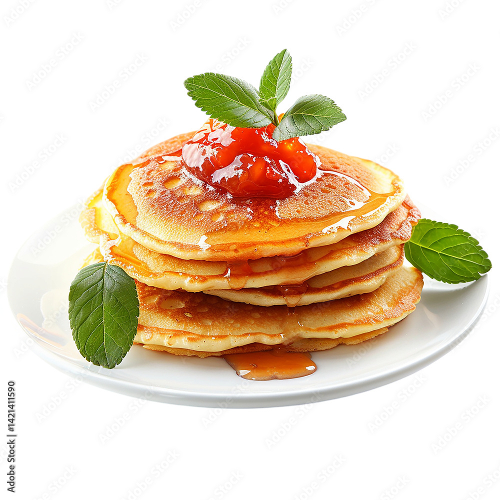 Delicious Stack of Pancakes with Syrup and Jam Delicious Stack of Pancakes with Syrup and Jam