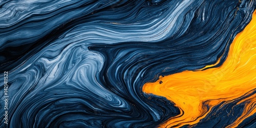 Abstract fluid art with flowing shades of blue and vibrant yellow mix.
