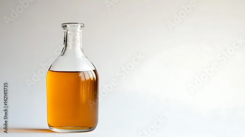A clear glass bottle filled with amber liquid on a white surface