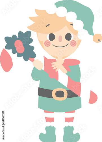 merry christmas and happy new year with cute little elf dwarf and candy cane, flat png illustration cartoon character costume design