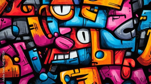 Abstract graffiti art presents a collage of vibrant characters