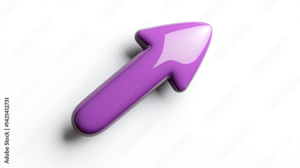 Glossy purple arrow points upward and right on a clean white surface. Glossy purple arrow points upward and right on a clean white surface.