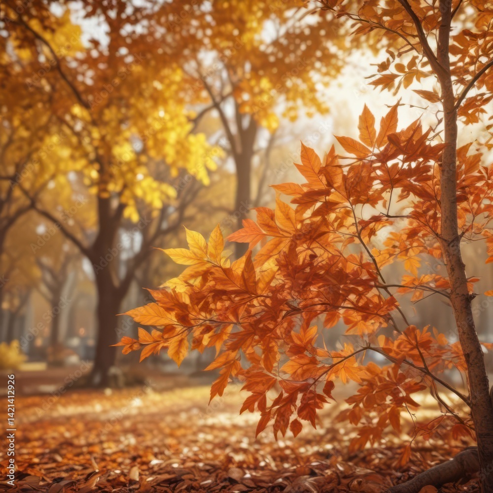 Warm-toned autumn leaves, vibrant foliage, blurred background, template, gold Warm-toned autumn leaves, vibrant foliage, blurred background, template, gold