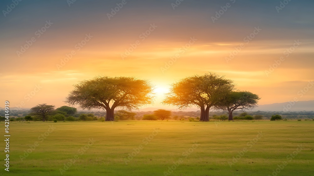 Fototapeta premium Golden sunset over trees on an African plain. A serene and warm scene