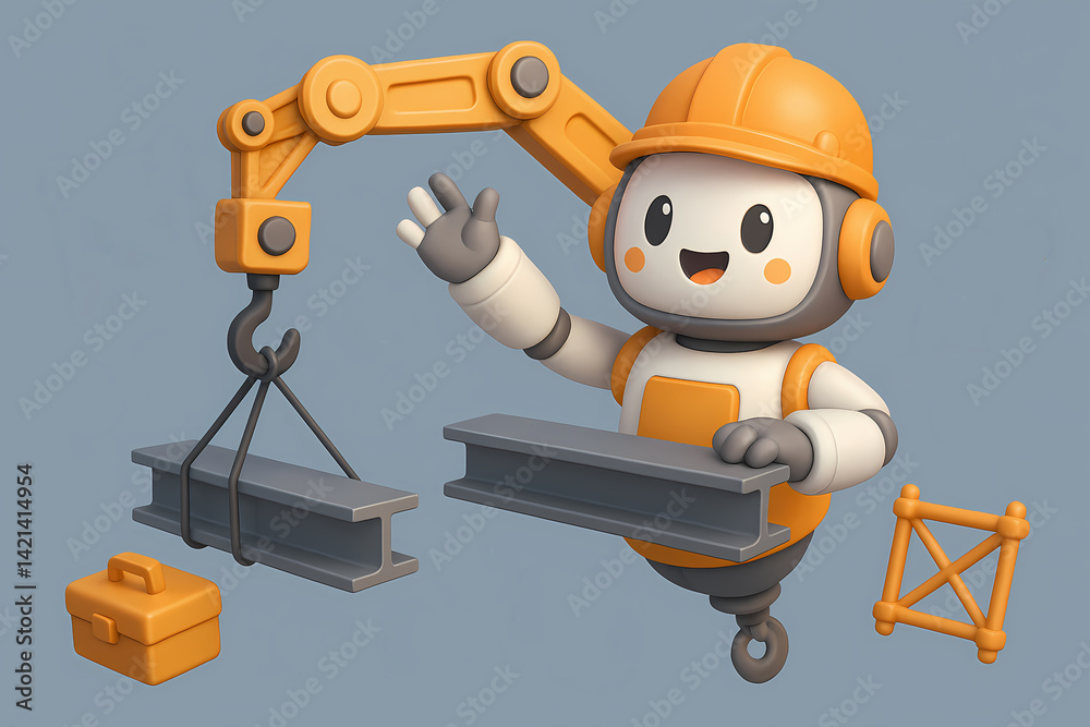 Naklejka premium Cheerful Robot Mascot Operating Floating Crane Arm in 3D Scene